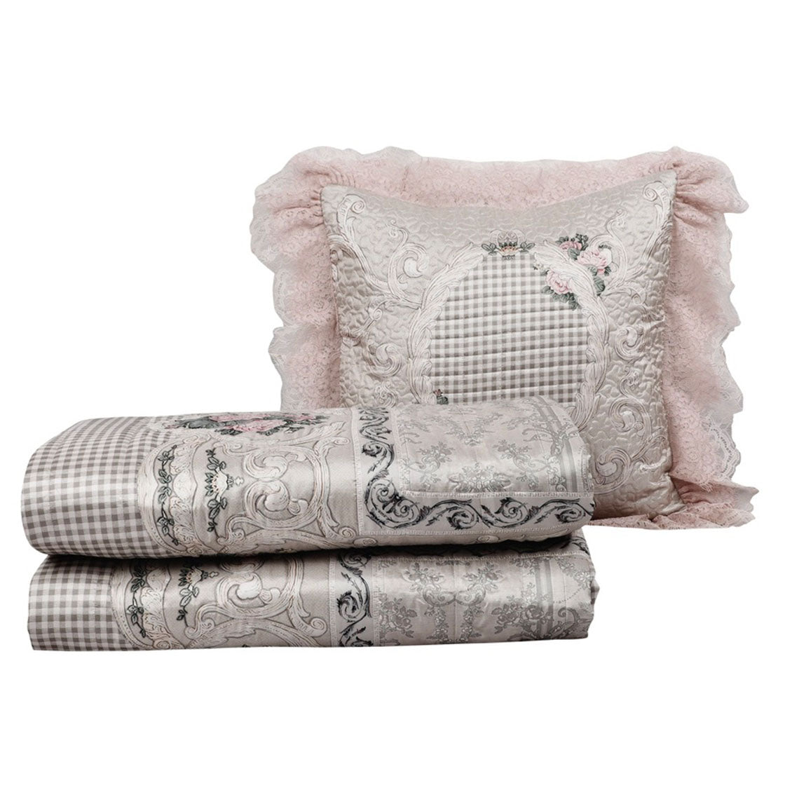 Pink floral 5 pc set - King size bedcover, 2 pillow covers & 2 cushion covers - Diva Riche