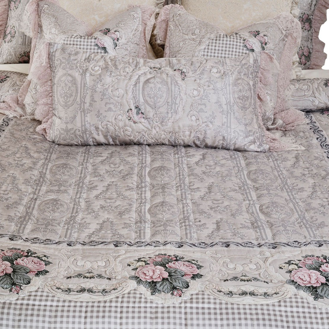 Pink floral 5 pc set - King size bedcover, 2 pillow covers & 2 cushion covers - Diva Riche